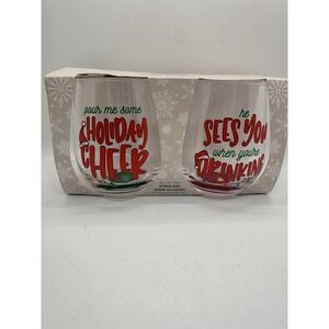 Merry Makers‎ Holiday Stemless Wine Glasses Set of 2 Christmas Sayings 16oz